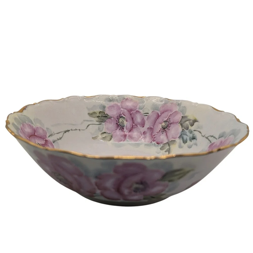 Vintage Seltmann Weiden Serving Bowl Green‎ Pink Floral Hand Painted Nine in SEE